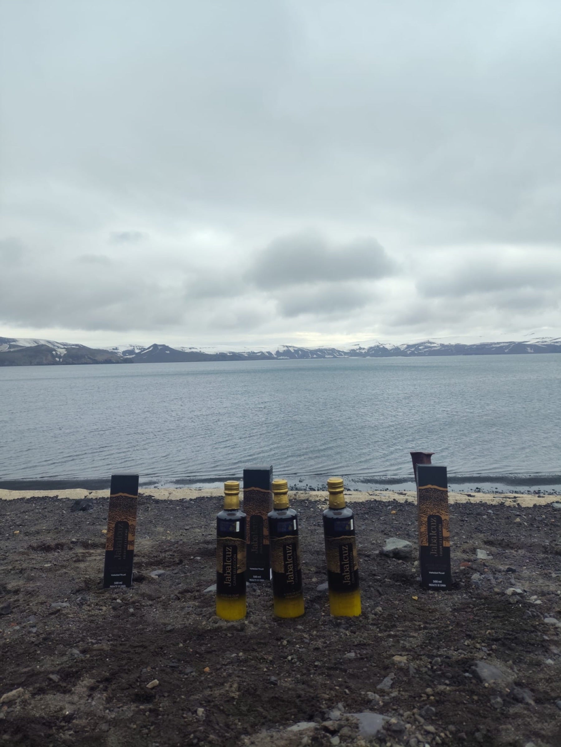 Botellas de Jabalcuz Gran Seleccion ante la bahia de la isla Decepcion, Antartida